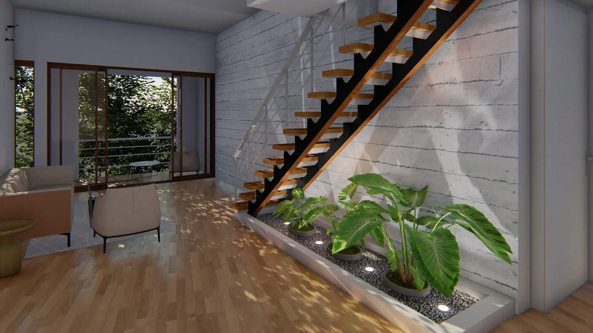 sala minimalista con escaleras al segundo piso