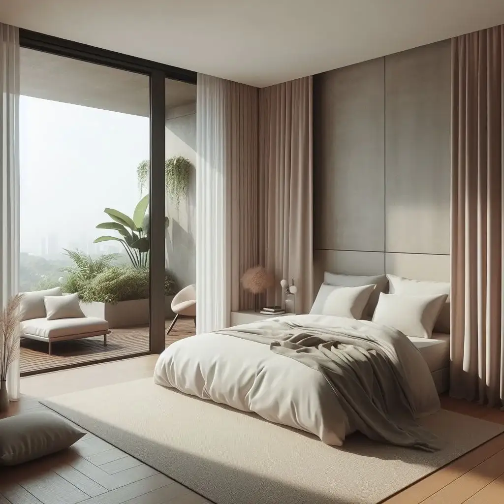 dormitorio minimalista de colores neutros